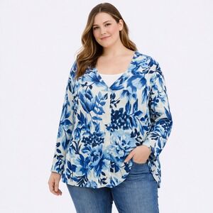 Talbots Plus 3X Cardigan Sweater Blue White Floral Button Front 3/4 Sleeve Knit